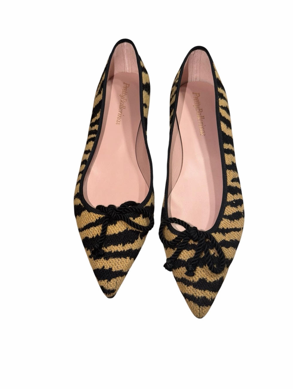 Pretty Ballerinas Black and Tan Zebra-Pattern Pointed Toe Flats with Knot